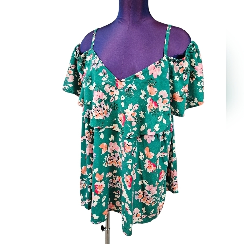 Torrid Green Floral Challis Embroidered Cold Shoulder Top Women's 2X Plus S58
